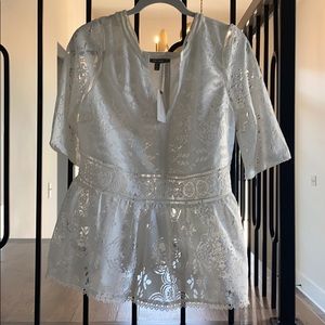 Anthropologie white knit/lace peplum blouse